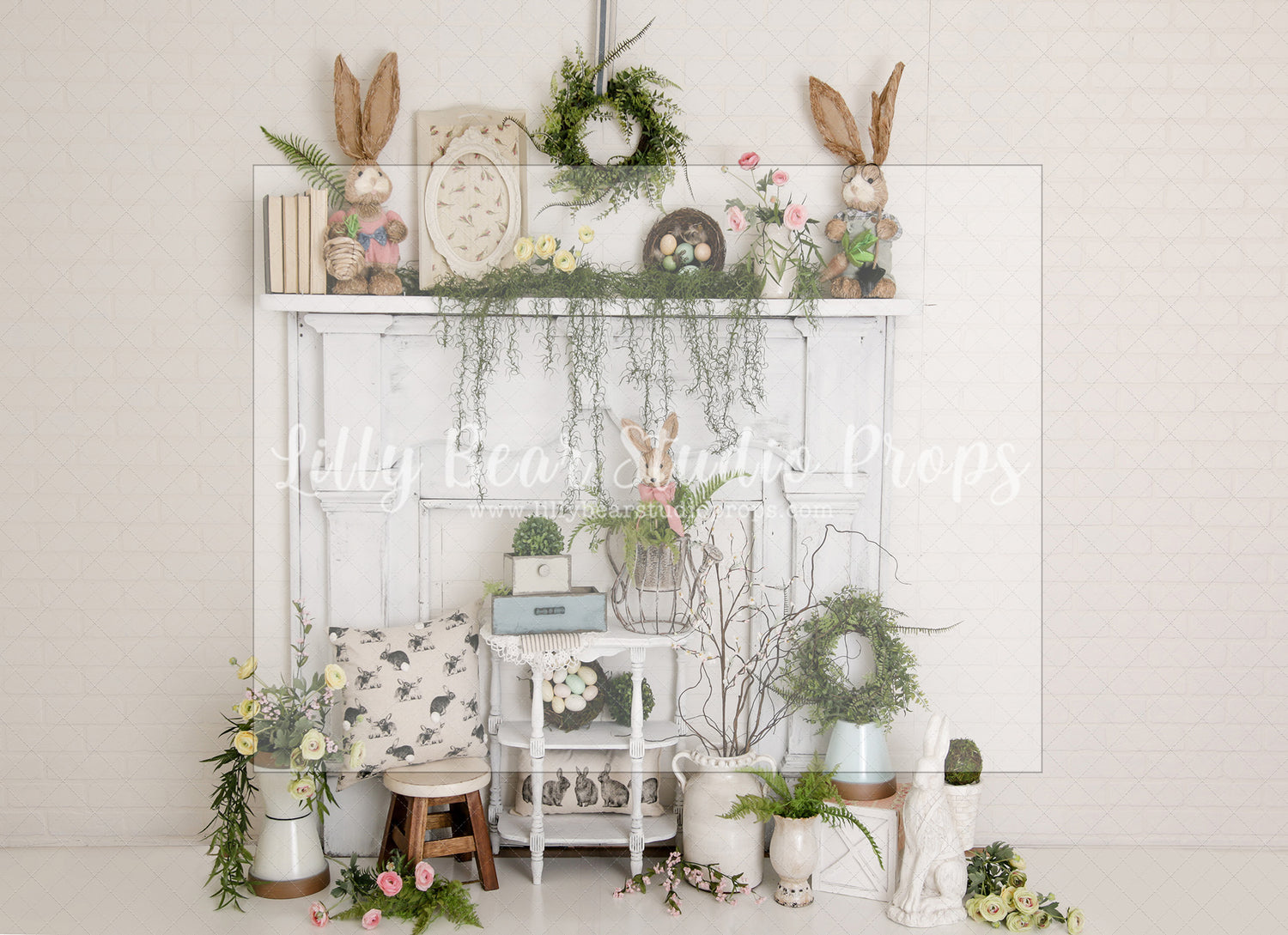 Bunny Mantel - Lilly Bear Studio Props, boho spring, bunny, bunny garden, bunny one, bunny trail, carrot, carrots, easter, easter backdrop, easter basket, easter bunny, easter eggs, easter mini, FABRICS, fireplace, flower barn doors, flower garden, flower stand, mantel, some bunny is one, spring, spring camper, spring garden