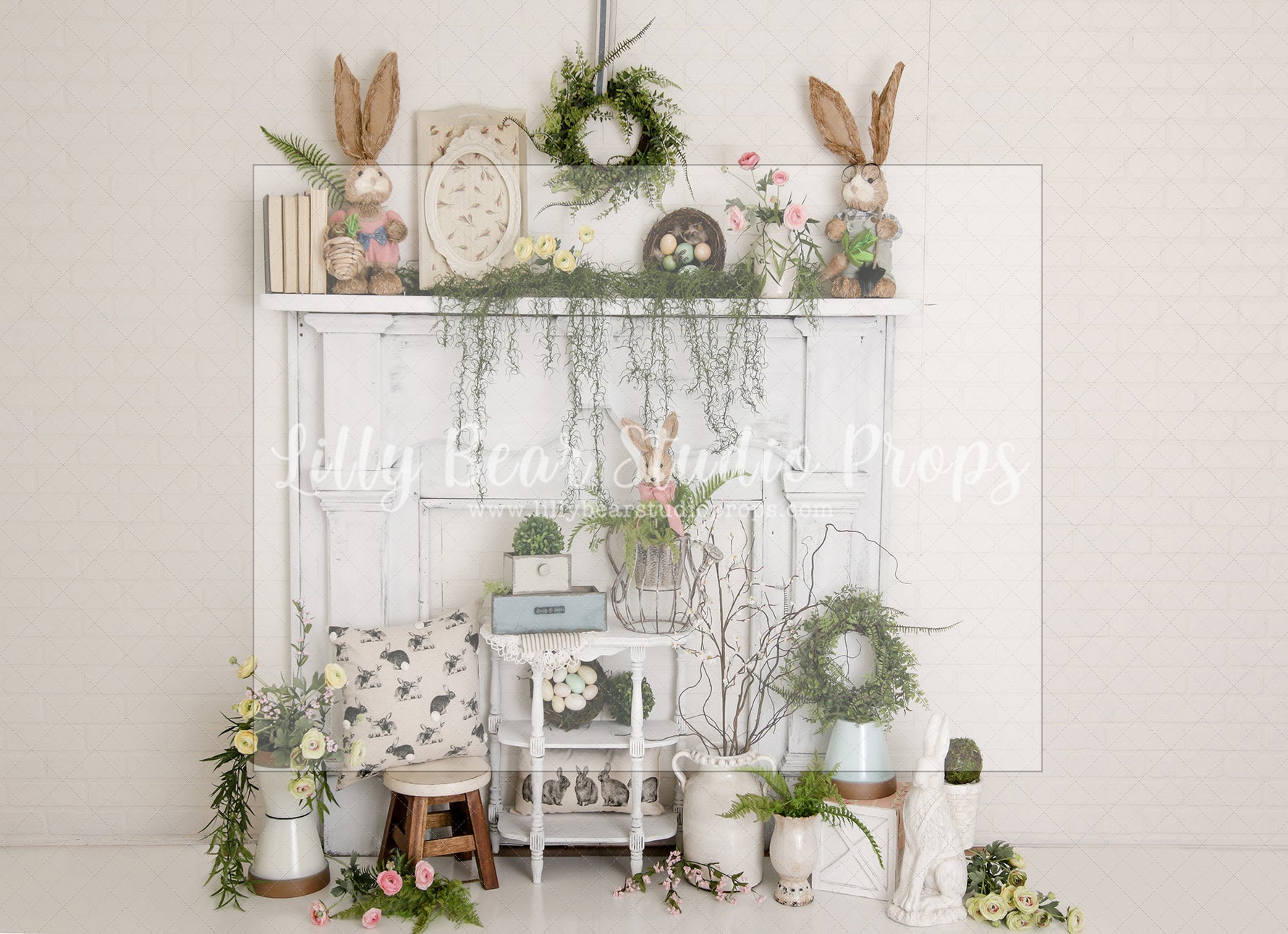 Bunny Mantel - Lilly Bear Studio Props, boho spring, bunny, bunny garden, bunny one, bunny trail, carrot, carrots, easter, easter backdrop, easter basket, easter bunny, easter eggs, easter mini, FABRICS, fireplace, flower barn doors, flower garden, flower stand, mantel, some bunny is one, spring, spring camper, spring garden