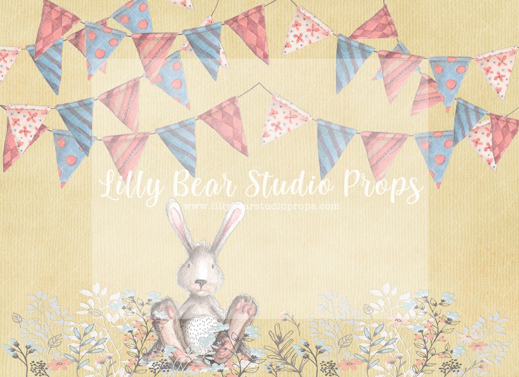 Bunny and Banners - Lilly Bear Studio Props, boho spring, bunny, bunny garden, bunny one, bunny trail, easter, easter backdrop, easter basket, easter bunny, FABRICS, flower barn doors, flower garden, flower stand, some bunny is one, spring, spring camper, spring garden