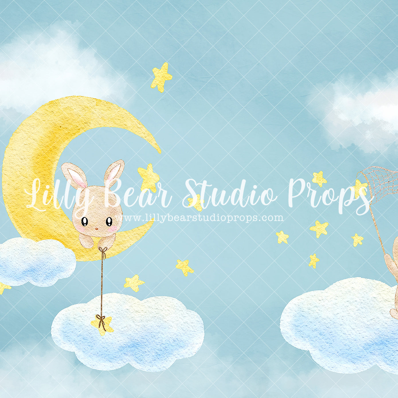 Bunny Dreamers - Lilly Bear Studio Props, blue clouds, bunny, bunny one, bunny trail, clouds, clouds and stars, cotton clouds, Fabric, floating clouds, moon, moon and stars, puffy clouds, some bunny is one, some bunny's one, vintage, Wrinkle Free Fabric