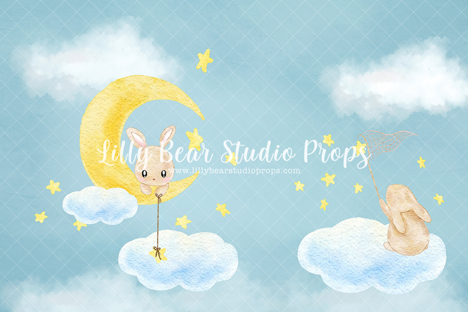 Bunny Dreamers - Lilly Bear Studio Props, blue clouds, bunny, bunny one, bunny trail, clouds, clouds and stars, cotton clouds, Fabric, floating clouds, moon, moon and stars, puffy clouds, some bunny is one, some bunny's one, vintage, Wrinkle Free Fabric