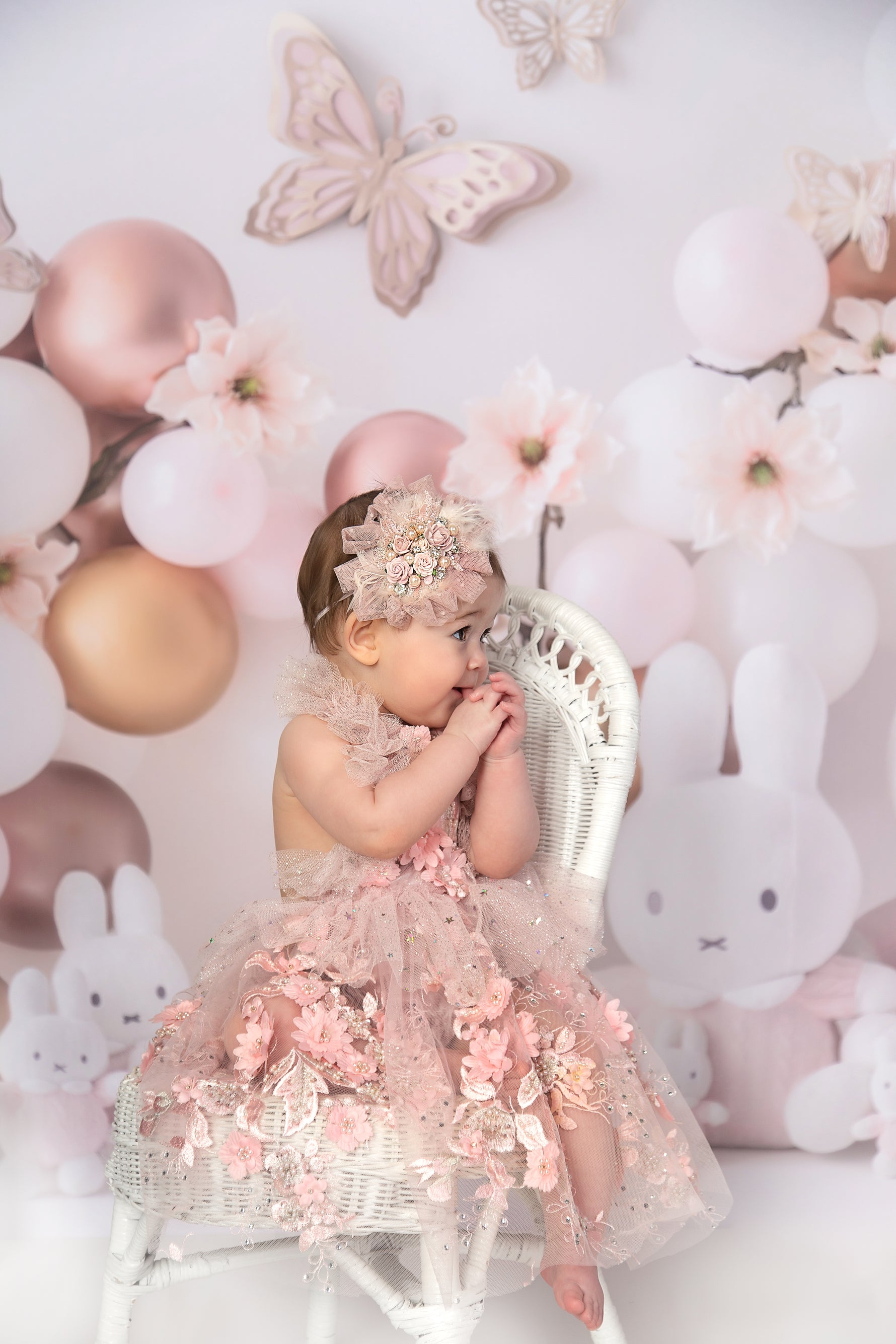 Butterflies, Bunnies & Blossoms - Lilly Bear Studio Props, bunnies, bunny, butterflies, butterfly, butterfly arch, butterfly balloons, butterfly colours, butterfly flowers, butterflyland, cake smash, easter bunny, Fabric, floral pink, gold, gold and pink, gold balloons, pink and gold, pink and gold balloons, pink balloons, pink blast, pink bunny, pink burst, pink floral, rose garden, rose gold, rose gold balloons, rose gold flower, Wrinkle Free Fabric