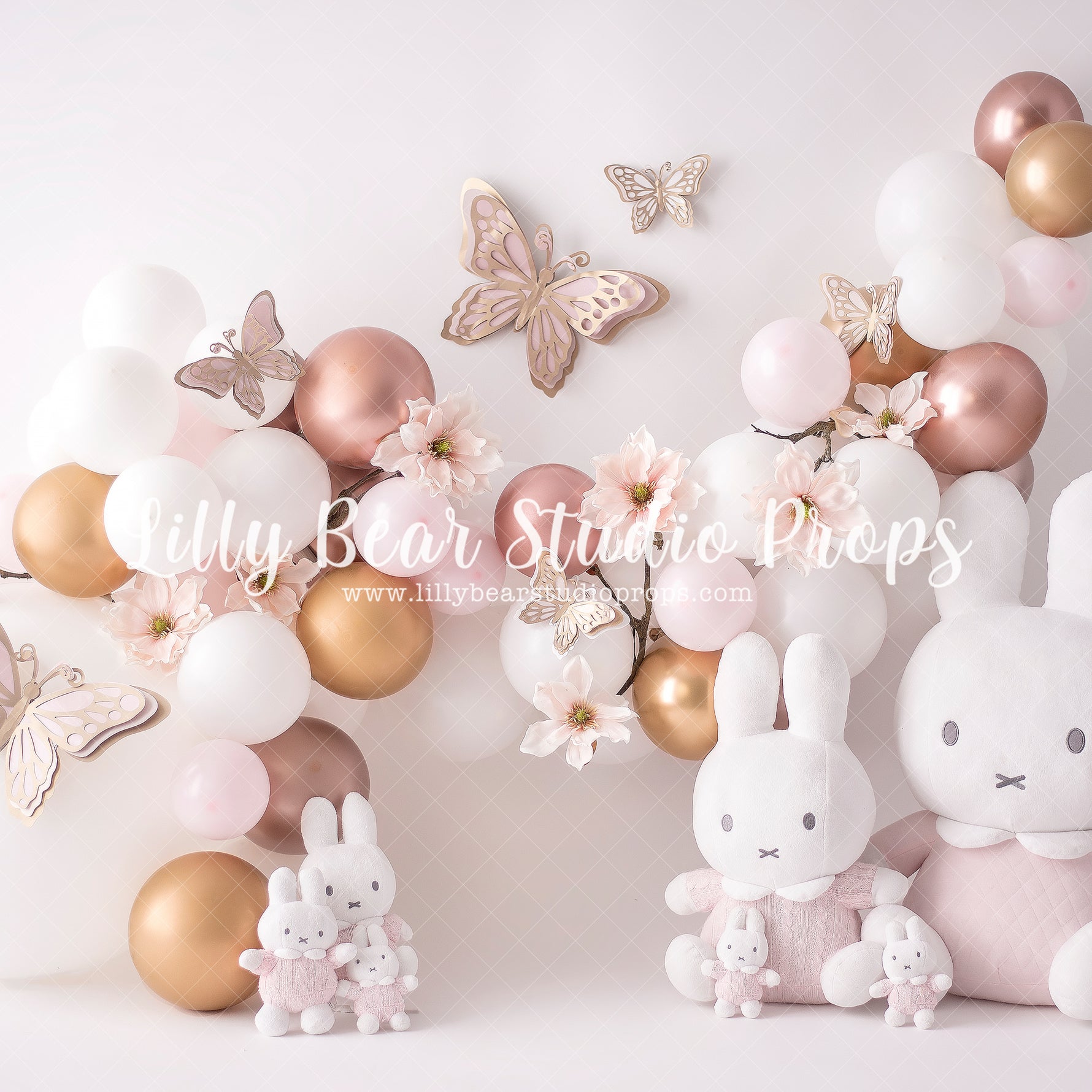 Butterflies, Bunnies & Blossoms - Lilly Bear Studio Props, bunnies, bunny, butterflies, butterfly, butterfly arch, butterfly balloons, butterfly colours, butterfly flowers, butterflyland, cake smash, easter bunny, Fabric, floral pink, gold, gold and pink, gold balloons, pink and gold, pink and gold balloons, pink balloons, pink blast, pink bunny, pink burst, pink floral, rose garden, rose gold, rose gold balloons, rose gold flower, Wrinkle Free Fabric