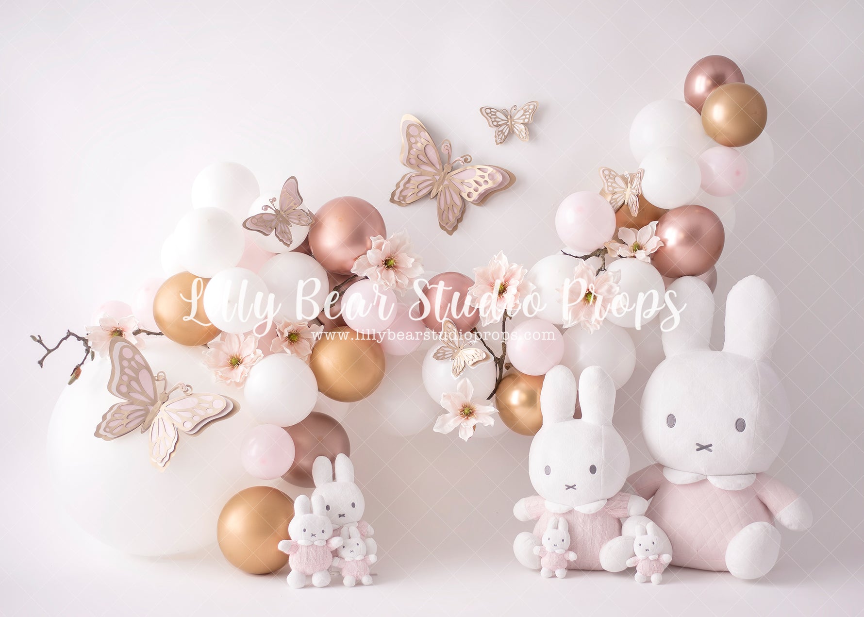 Butterflies, Bunnies & Blossoms - Lilly Bear Studio Props, bunnies, bunny, butterflies, butterfly, butterfly arch, butterfly balloons, butterfly colours, butterfly flowers, butterflyland, cake smash, easter bunny, Fabric, floral pink, gold, gold and pink, gold balloons, pink and gold, pink and gold balloons, pink balloons, pink blast, pink bunny, pink burst, pink floral, rose garden, rose gold, rose gold balloons, rose gold flower, Wrinkle Free Fabric
