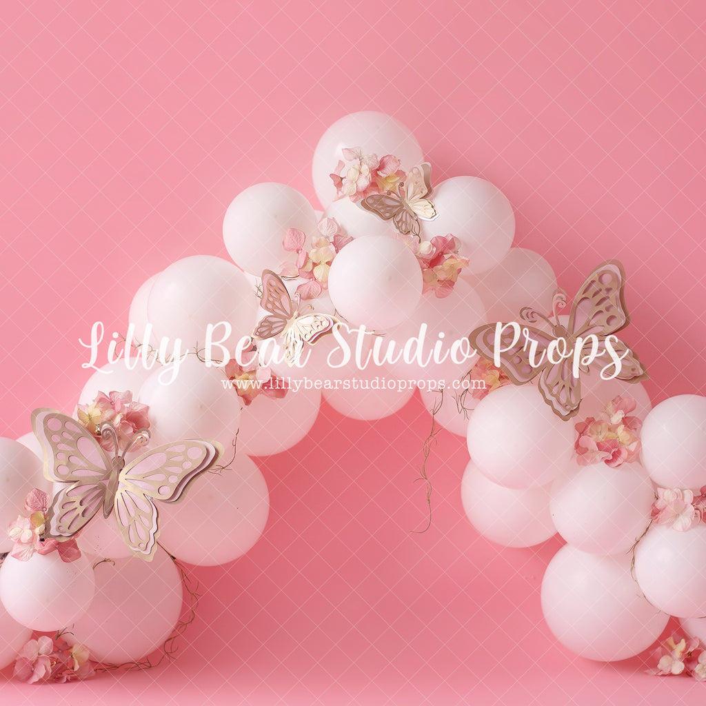 Butterfly Arch - Lilly Bear Studio Props, butterflies, butterfly, butterfly balloons, butterfly colours, butterfly flowers, cake smash, Fabric, gold, gold butterflies, pastel, pastel balloons, pastel pink, pink and white, pink and white balloons, pink balloons, pink blast, pink burst, white and pink balloons, white balloons, Wrinkle Free Fabric