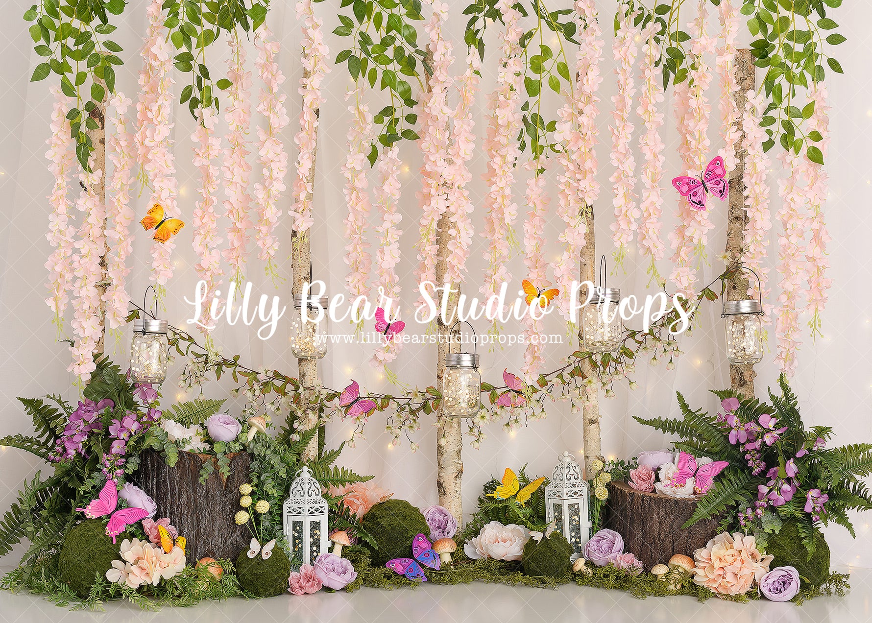Butterfly Fairy Garden - Lilly Bear Studio Props, butterfly, butterfly colours, butterfly flowers, butterfly pink, butterflyland, Fabric, FABRICS, fairy, fairy cottage, fairy dust, fairy light, fairy princess, fairyland, fairytale, flowers, gold butterfly, lanterns, mason jars, twinkle lights, wisteria, wisteria flowers, Wrinkle Free Fabric