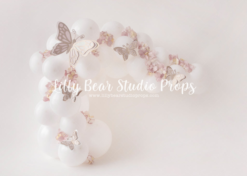 Butterfly Fancy - Lilly Bear Studio Props, balloon garland, butterflies, butterfly, butterfly arch, butterfly balloons, butterfly colours, butterfly flowers, butterflyland, Fabric, floral pink, florals, flower, flowers, pink floral, pink flowers, white balloons, Wrinkle Free Fabric
