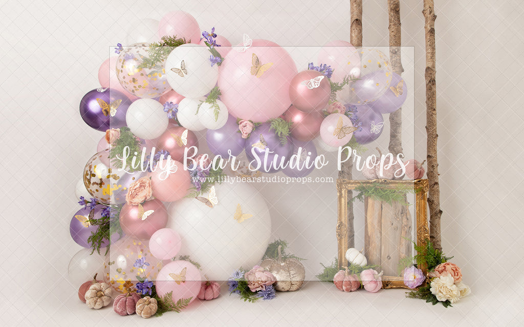 Butterfly Forest - Lilly Bear Studio Props, balloon garland, butterfly balloon garland, butterfly balloons, floral balloon garland, girl balloon garland, pink balloons, purple balloons, purple flowers, white balloons, woodland flower balloon garland, woodland flower garland