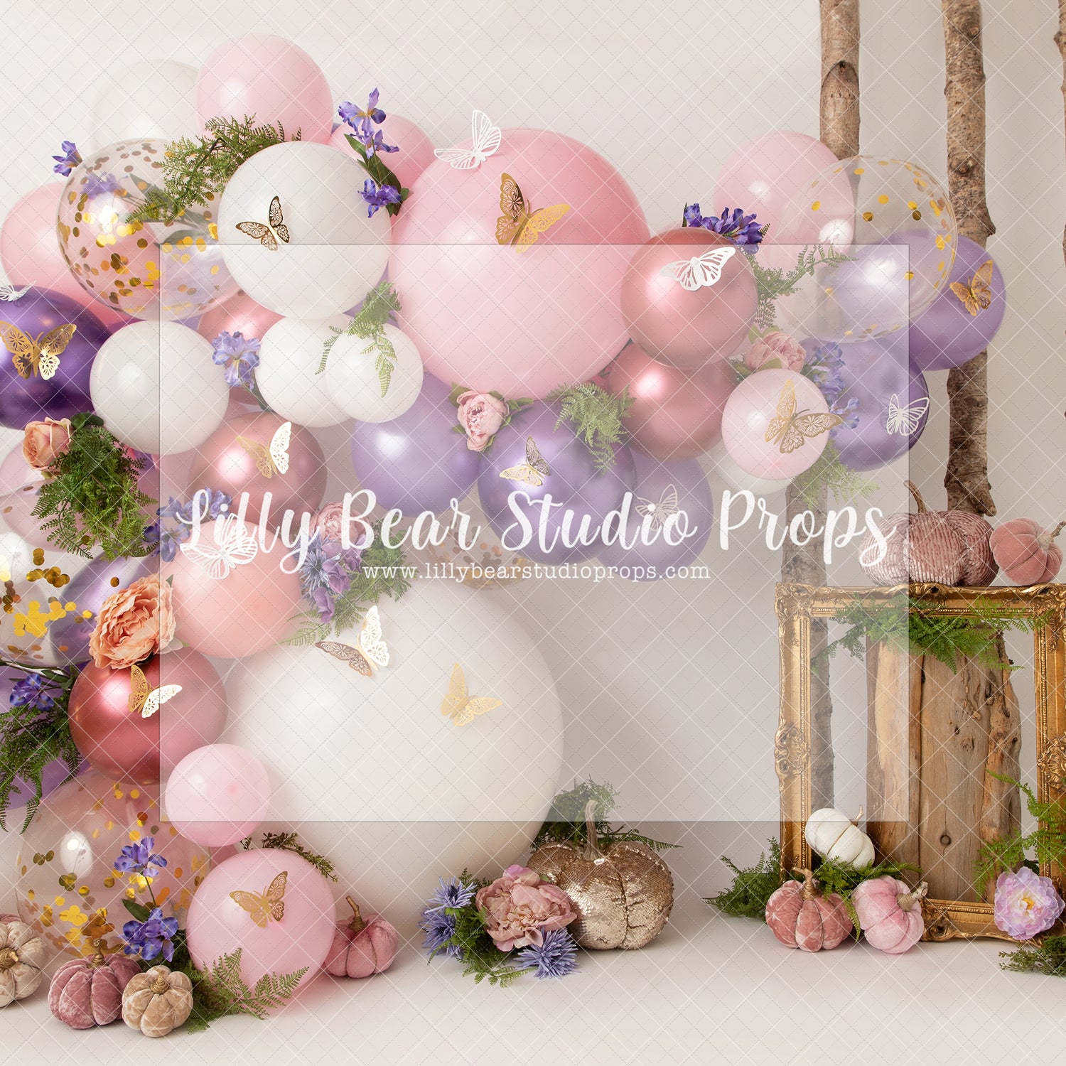 Butterfly Forest - Lilly Bear Studio Props, balloon garland, butterfly balloon garland, butterfly balloons, floral balloon garland, girl balloon garland, pink balloons, purple balloons, purple flowers, white balloons, woodland flower balloon garland, woodland flower garland