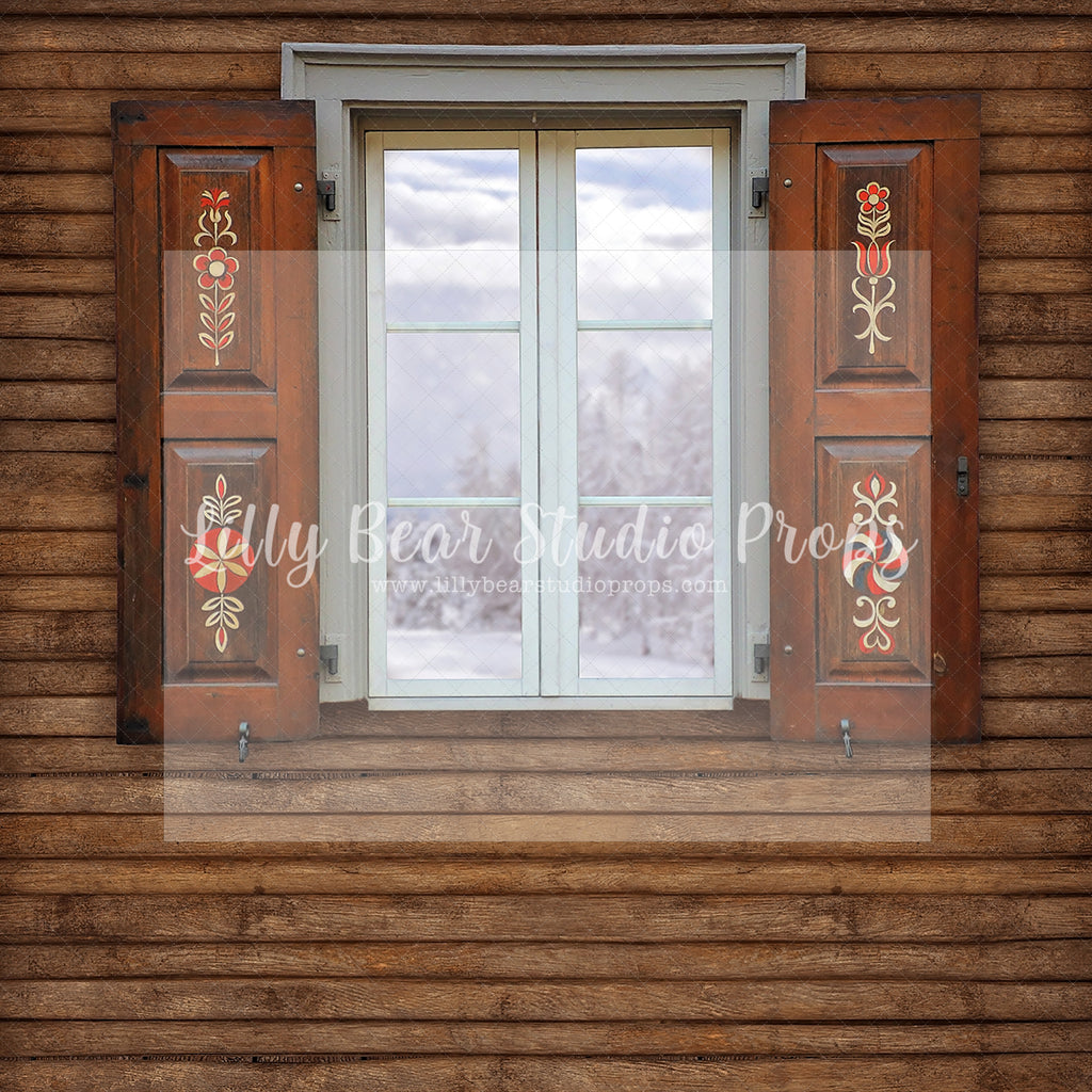 Cabin Christmas Window - Lilly Bear Studio Props, christmas, Cozy, Decorated, Festive, Giving, Holiday, Holy, Hopeful, Joyful, Merry, Peaceful, Peacful, Red & Green, Seasonal, Winter, Xmas, Yuletide