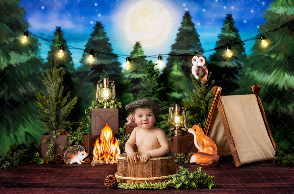 Camping Woodland Critters - Digital Backdrop - Lilly Bear Studio Props, bowl, clouds, digital, newborn digital backdrop, pastel, rainbow, rainbow baby, round