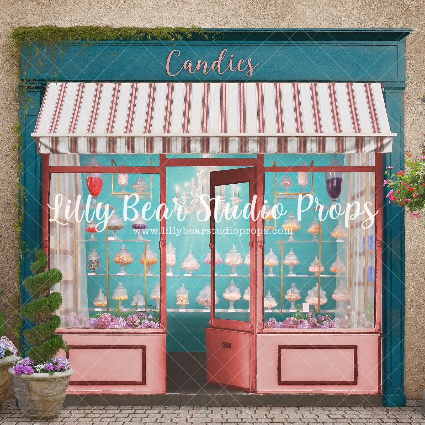 Candy Shop - 96x60" Wrinkle Free Fabric RTS - Lilly Bear Studio Props, bloom, bloom shop, blooming flowers, blooming shop, blooms, blue floral, Fabric, FABRICS, floral, flower, flower market, flower shop, flowers, garden, little flower shop, little shop, market, open, plants, shop, shoppe, spring, spring flowers, Wrinkle Free Fabric