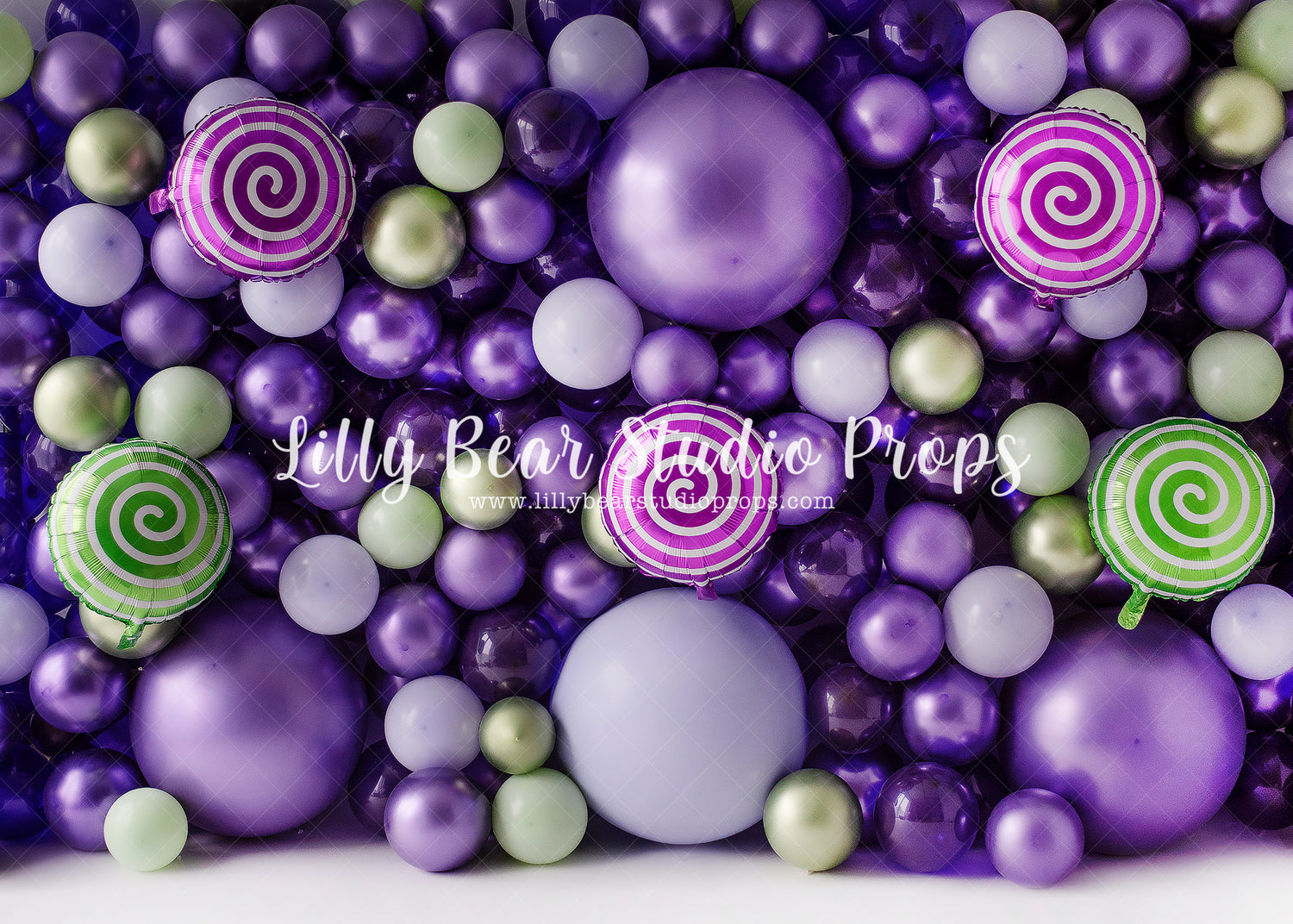 Candy Wall Swirls - Lilly Bear Studio Props, balloon, balloon party, balloon wall, balloons, birthday, cake smash, candy, candy balloons, candy sweets, candy treats, cupcake, donut balloons, donuts, Fabric, girl balloons, girly, green balloons, it's my party, metallic, metallic green, metallic green balloons, metallic purple, metallic purple balloons, pastel purple, purple and green, purple balloon wall, purple balloons, treats, Wrinkle Free Fabric