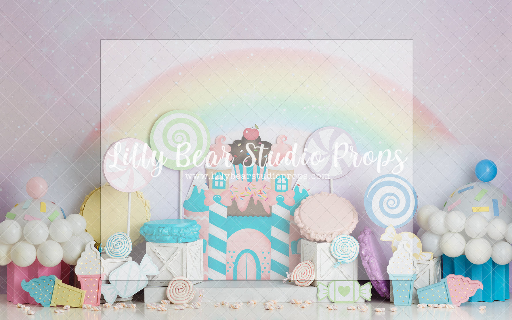 Candyland Rainbow - Lilly Bear Studio Props, balloon, balloon arch, balloon garland, balloons, candy, candy cane, candy mountain, candy river, candy sweets, candy treats, candyfloss, candyland, cupcake, ice, ice cream, ice cream cart, Ice cream parlor, ice cream parlour, ice cream truck, lollipop, macaroons, marshmellows
