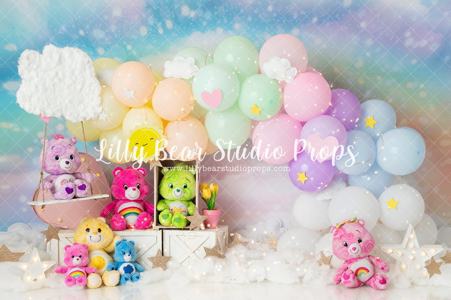 Caring Cutie Bears - Lilly Bear Studio Props, balloon rainbow, bear stuffies, bears, care bears, colourful rainbow, colours of the rainbow, painted rainbow, pastel rainbow, pink rainbow, purple rainbow, rainbow, rainbow baby, rainbow balloon, rainbow balloons