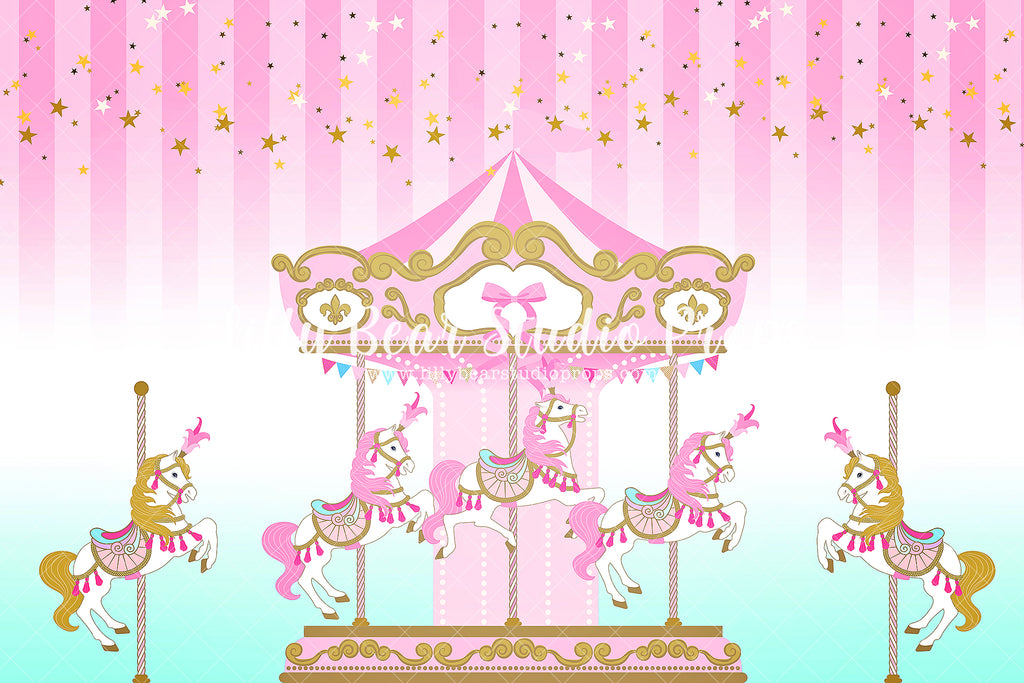 On the Pink Carousel - Lilly Bear Studio Props, carnival, carnival ride, carousel, carousel horse, girls, girls birthday, pink, Scandinavian rainbow