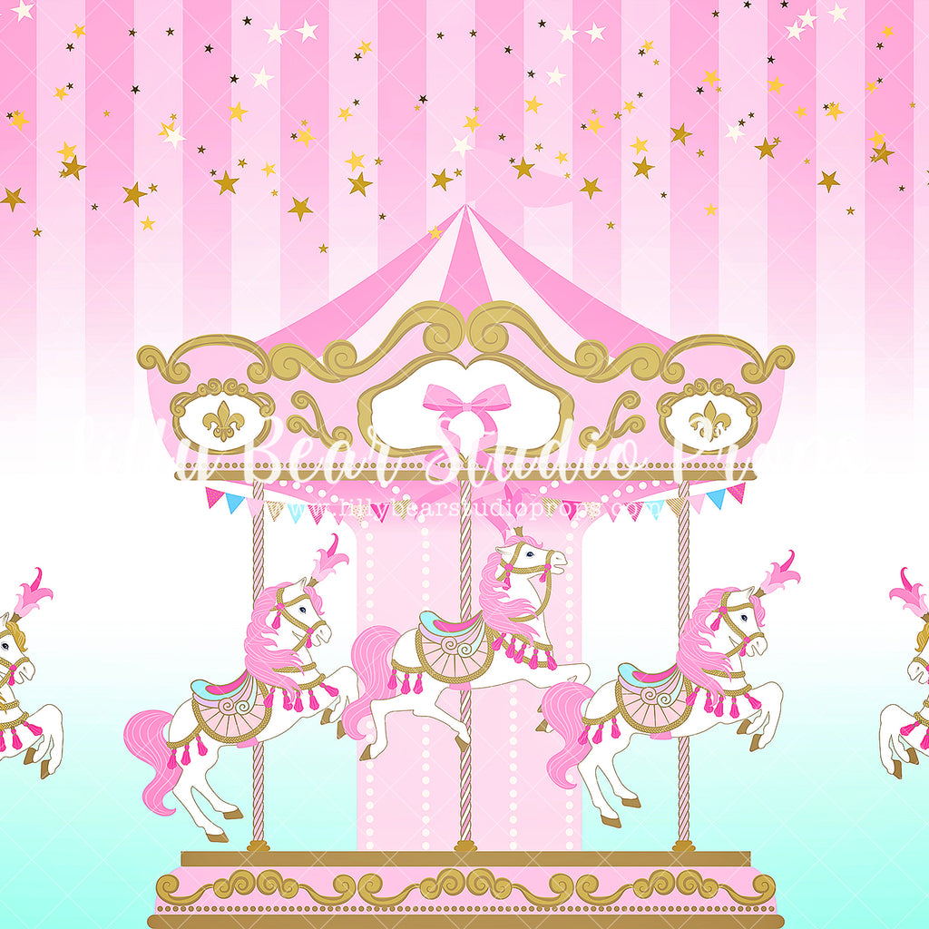 On the Pink Carousel - Lilly Bear Studio Props, carnival, carnival ride, carousel, carousel horse, girls, girls birthday, pink, Scandinavian rainbow