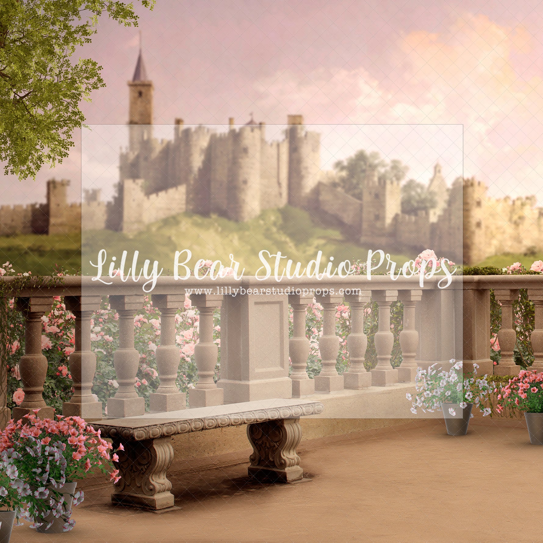 Castle Balcony - Lilly Bear Studio Props, castle balcony, center park, Fabric, FABRICS, floral arch, flower spring, garden, garden path, garden steps, garden walkway, london, parisian, park, pink tulips, spring, steps, trellis, trellis door, tulip, Wrinkle Free Fabric