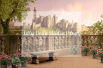 Castle Balcony - Lilly Bear Studio Props, castle balcony, center park, Fabric, FABRICS, floral arch, flower spring, garden, garden path, garden steps, garden walkway, london, parisian, park, pink tulips, spring, steps, trellis, trellis door, tulip, Wrinkle Free Fabric