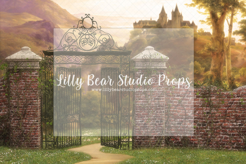 Castle Gate - Lilly Bear Studio Props, castle balcony, castle gate, center park, Fabric, FABRICS, garden, garden path, garden steps, garden walkway, london, parisian, park, pink tulips, spring, steps, trellis, trellis door, tulip, Wrinkle Free Fabric