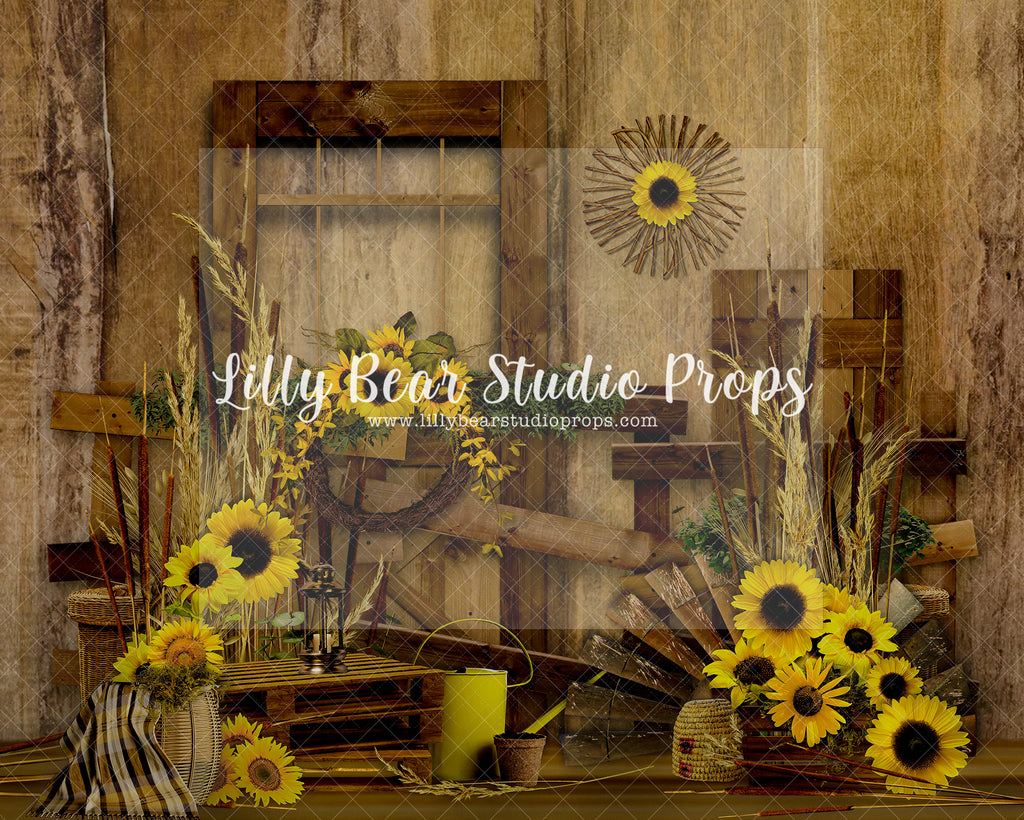 Barnwood Cattails & Sunflowers - Lilly Bear Studio Props, barn doors, Fabric, FABRICS, spring, sunflower, sunflower farm, sunflower field, sunflowers