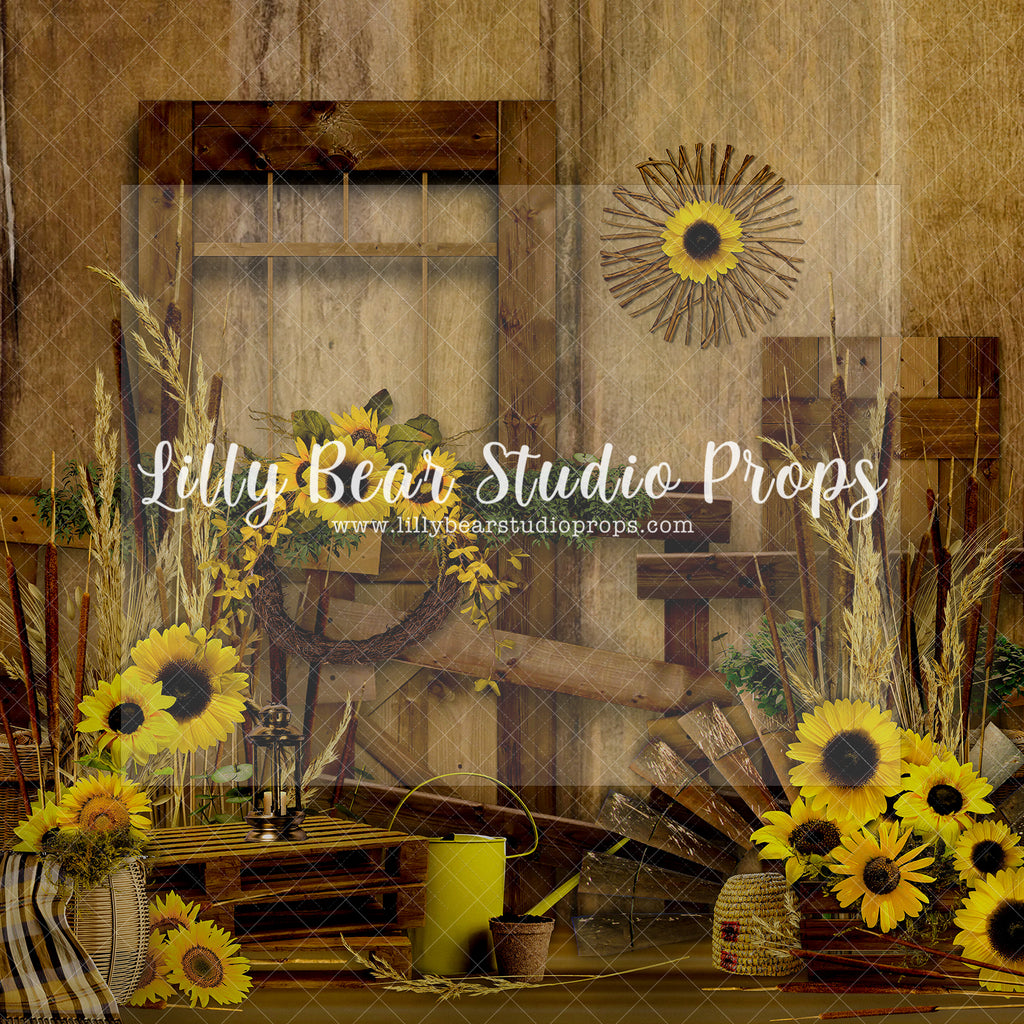 Barnwood Cattails & Sunflowers - Lilly Bear Studio Props, barn doors, Fabric, FABRICS, spring, sunflower, sunflower farm, sunflower field, sunflowers