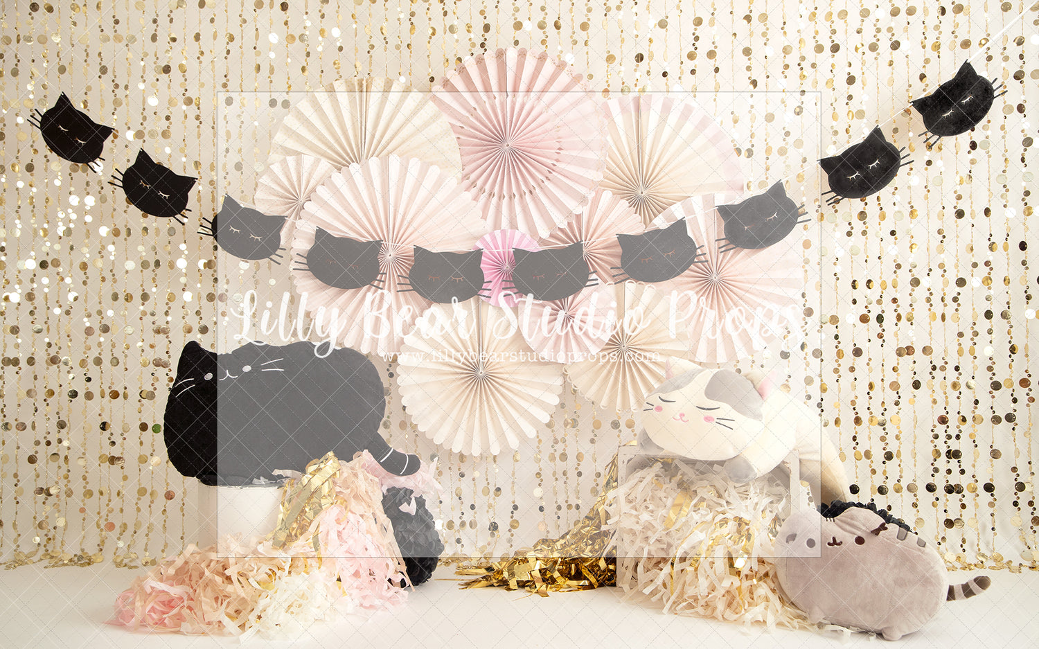 Catwaii - Lilly Bear Studio Props, black cat, cat, cats, cream fan, fans, gold bead curtain, gold beaded curtains, gold beads, gold fan, gold tassles, meow, pink fan, pink fans, tassle