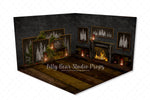 Chalkboard Xmas Tree Room - Lilly Bear Studio Props, black fireplace, cabin fireplace, christmas, christmas cabin, christmas fireplace, christmas mantel, christmas village, christmas window, dark fireplace, evergreen trees, evergreens, Fabric, fireplace, fireplace frames, holiday, holiday christmas, holiday fireplace, mantel, pine trees, white christmas, wood fireplace, Wrinkle Free Fabric