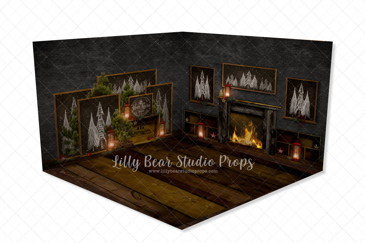 Chalkboard Xmas Tree Room - Lilly Bear Studio Props, black fireplace, cabin fireplace, christmas, christmas cabin, christmas fireplace, christmas mantel, christmas village, christmas window, dark fireplace, evergreen trees, evergreens, Fabric, fireplace, fireplace frames, holiday, holiday christmas, holiday fireplace, mantel, pine trees, white christmas, wood fireplace, Wrinkle Free Fabric