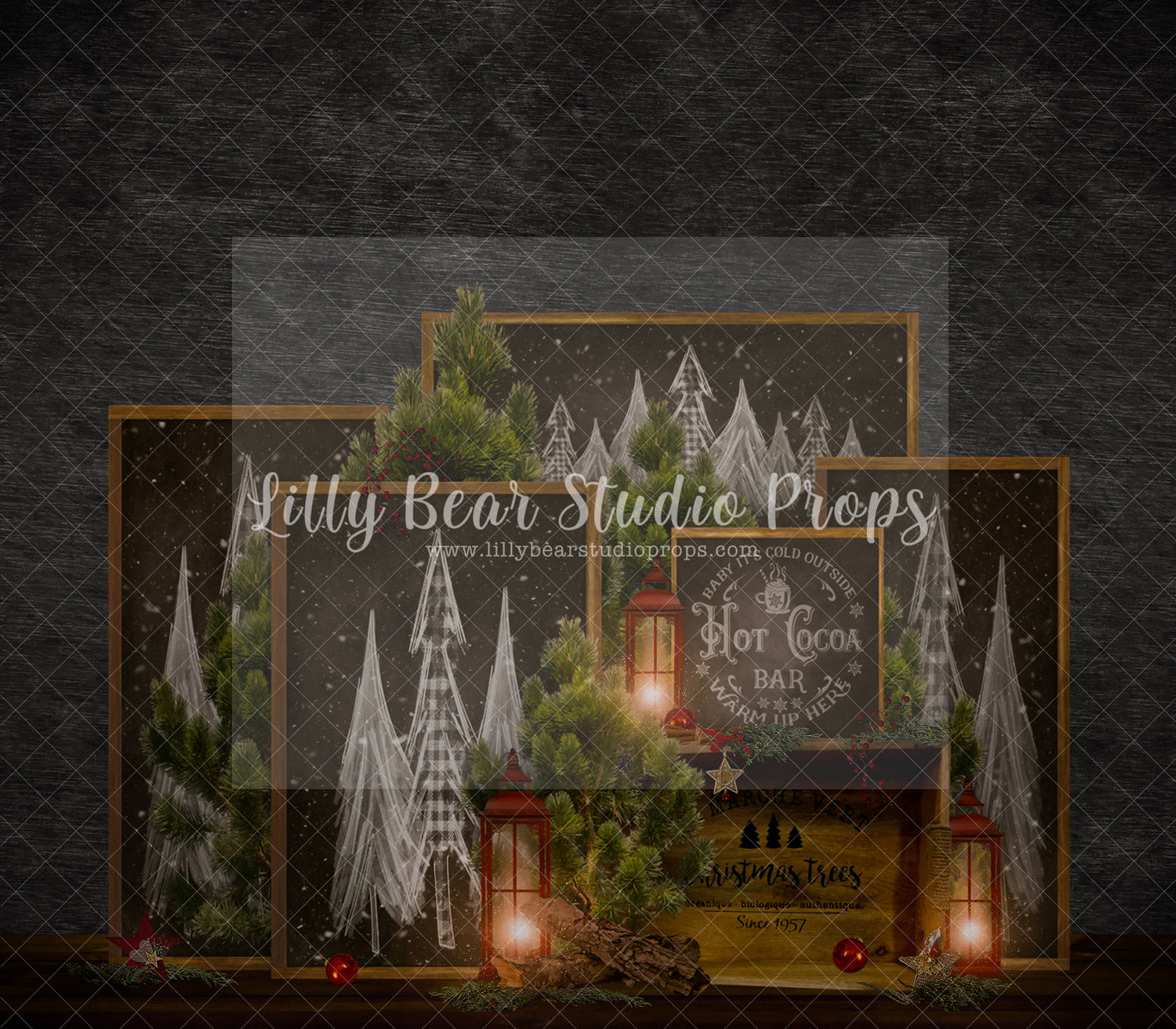 Chalkboard Xmas Tree Room - Lilly Bear Studio Props, black fireplace, cabin fireplace, christmas, christmas cabin, christmas fireplace, christmas mantel, christmas village, christmas window, dark fireplace, evergreen trees, evergreens, Fabric, fireplace, fireplace frames, holiday, holiday christmas, holiday fireplace, mantel, pine trees, white christmas, wood fireplace, Wrinkle Free Fabric
