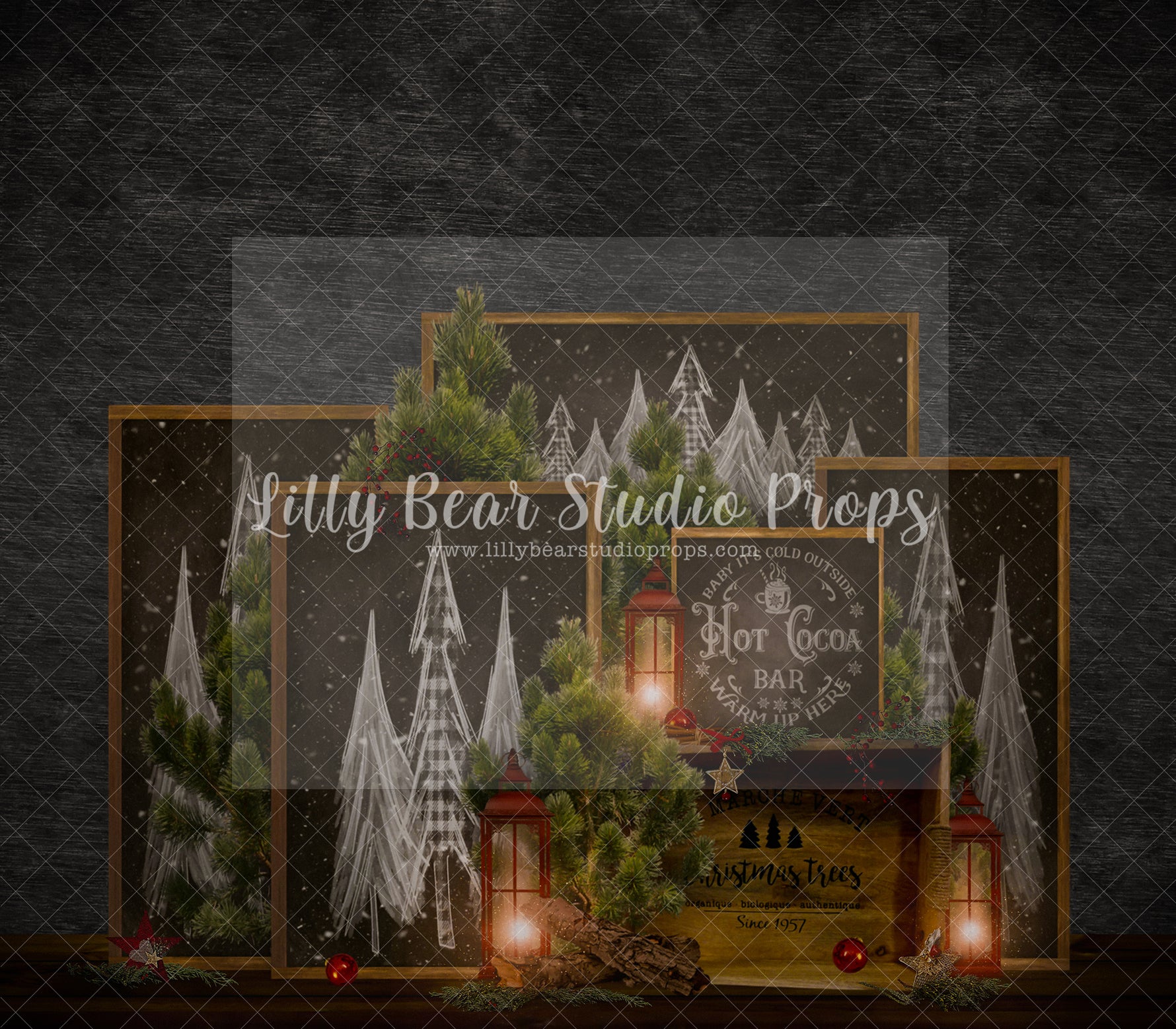 Chalkboard Xmas Tree Room - Lilly Bear Studio Props, black fireplace, cabin fireplace, christmas, christmas cabin, christmas fireplace, christmas mantel, christmas village, christmas window, dark fireplace, evergreen trees, evergreens, Fabric, fireplace, fireplace frames, holiday, holiday christmas, holiday fireplace, mantel, pine trees, white christmas, wood fireplace, Wrinkle Free Fabric