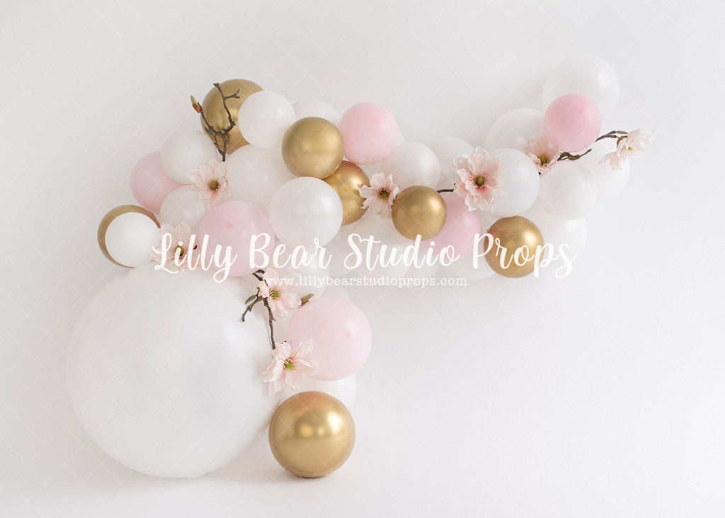 Cherry Blossom Balloons - Lilly Bear Studio Props, cake smash, cherry blossoms, Fabric, floral pink, gold, gold and pink, gold balloons, pastel, pastel balloon garland, pastel pink, pink and gold, pink and gold balloons, pink and white balloons, pink balloons, pink blast, pink bunny, pink burst, pink floral, pink white and gold, white balloons, Wrinkle Free Fabric