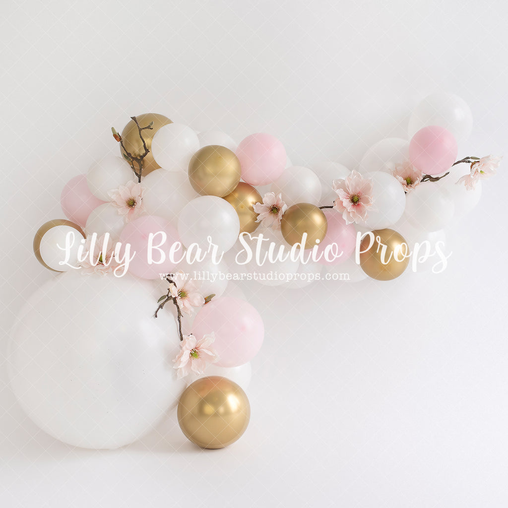 Cherry Blossom Balloons - Lilly Bear Studio Props, cake smash, cherry blossoms, Fabric, floral pink, gold, gold and pink, gold balloons, pastel, pastel balloon garland, pastel pink, pink and gold, pink and gold balloons, pink and white balloons, pink balloons, pink blast, pink bunny, pink burst, pink floral, pink white and gold, white balloons, Wrinkle Free Fabric
