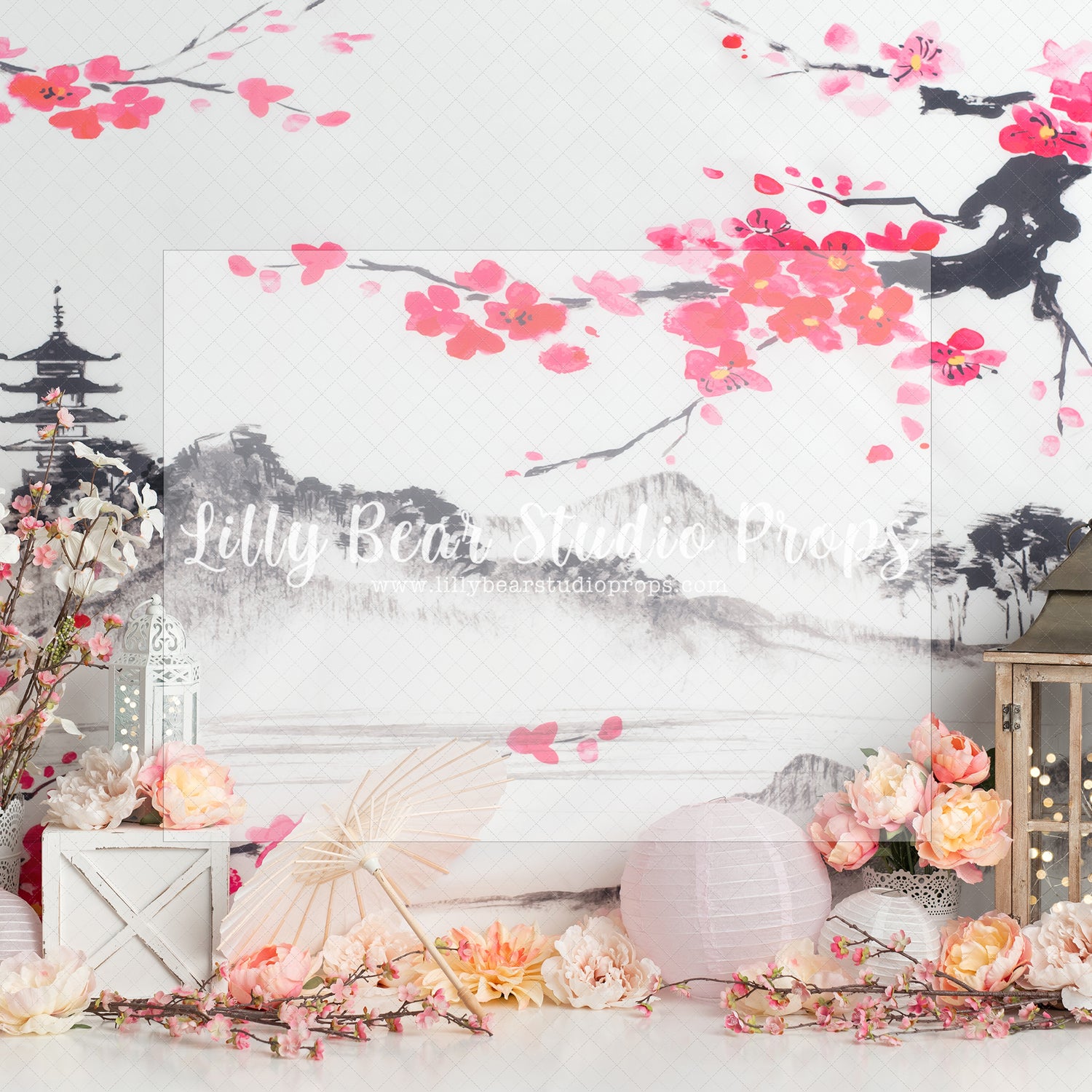 Cherry Blossom Temple - Lilly Bear Studio Props, asian, asian temple, cherry blossom temple, cherry blossom tree, cherry blossoms, pink cherry blossoms, temple, white cherry blossoms