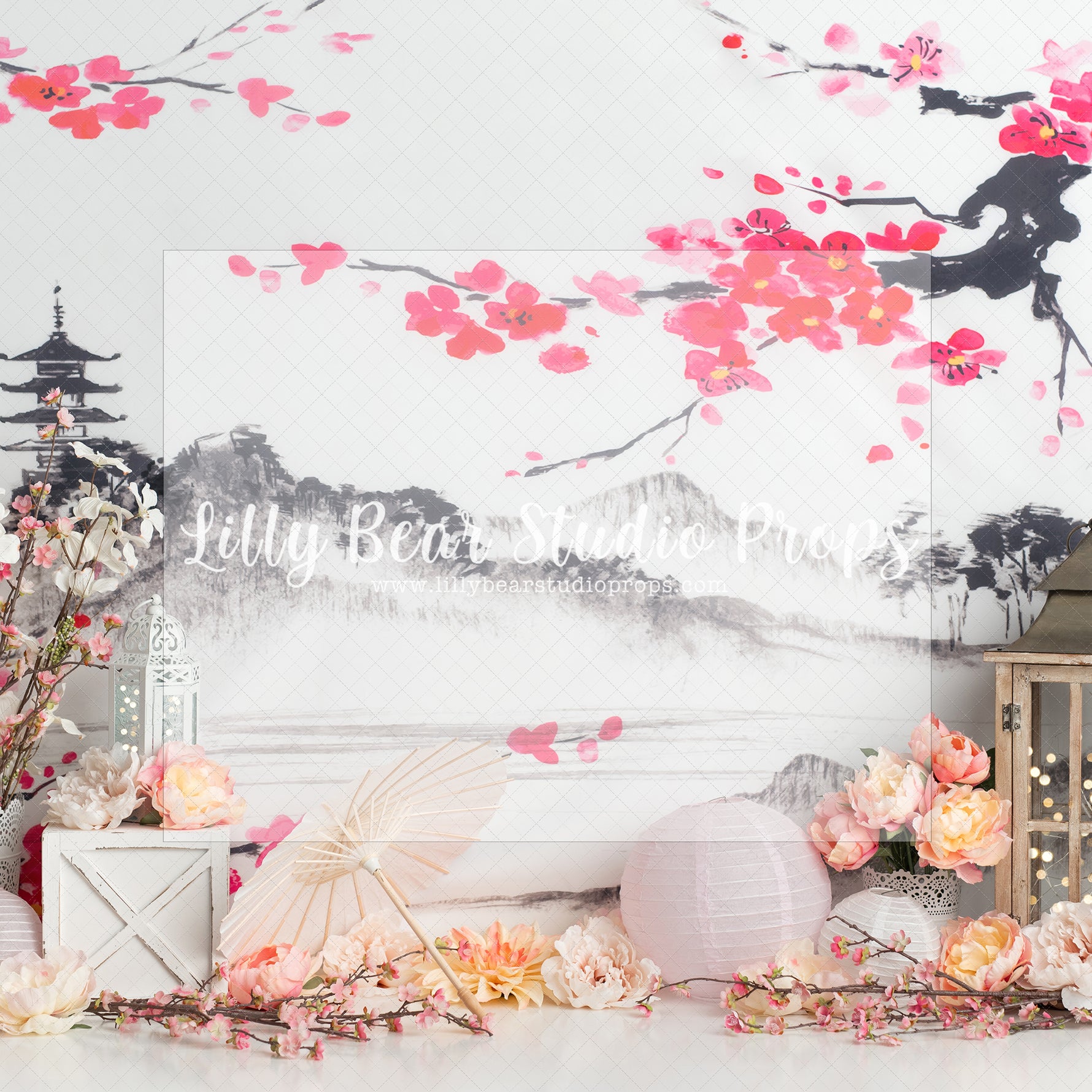 Cherry Blossom Temple - Lilly Bear Studio Props, asian, asian temple, cherry blossom temple, cherry blossom tree, cherry blossoms, pink cherry blossoms, temple, white cherry blossoms