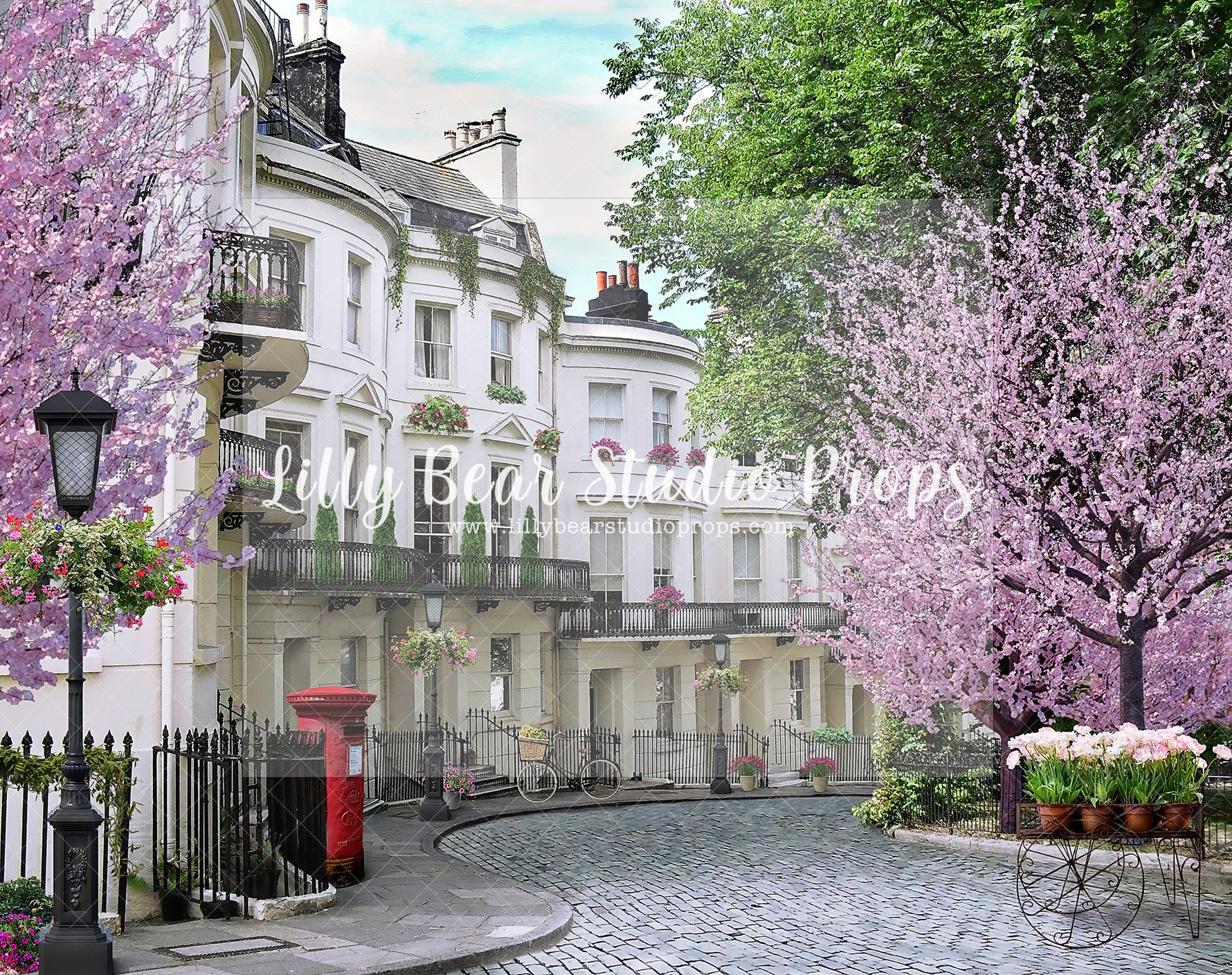 Cherry tree lane - Lilly Bear Studio Props, cherry blossom tree, cherry blossoms, europe, Fabric, FABRICS, flower spring, lond, london, notting hill, paris, paris city, paris garden, parisian, pink camper, pink cherry blossoms, pink tulips, spring, tulip, white cherry blossoms, Wrinkle Free Fabric
