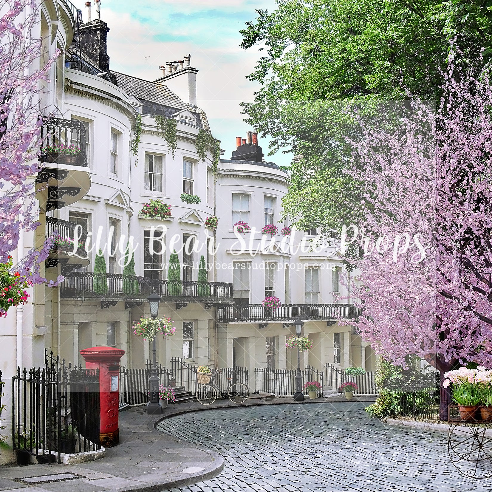 Cherry tree lane - Lilly Bear Studio Props, cherry blossom tree, cherry blossoms, europe, Fabric, FABRICS, flower spring, lond, london, notting hill, paris, paris city, paris garden, parisian, pink camper, pink cherry blossoms, pink tulips, spring, tulip, white cherry blossoms, Wrinkle Free Fabric