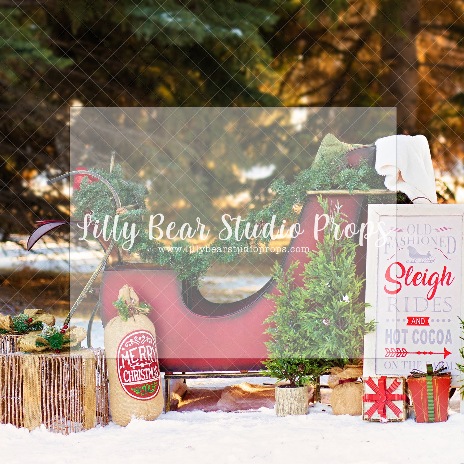 Christmas Sleigh - Lilly Bear Studio Props, christmas, christmas sleigh, Fabric, holiday, presents, santa, santa candy cane, santa cookies, santa deer, santa door, santa hat, santa house, santa magic, santa sleigh, santas toy shop, santas toys, santas village, Wrinkle Free Fabric