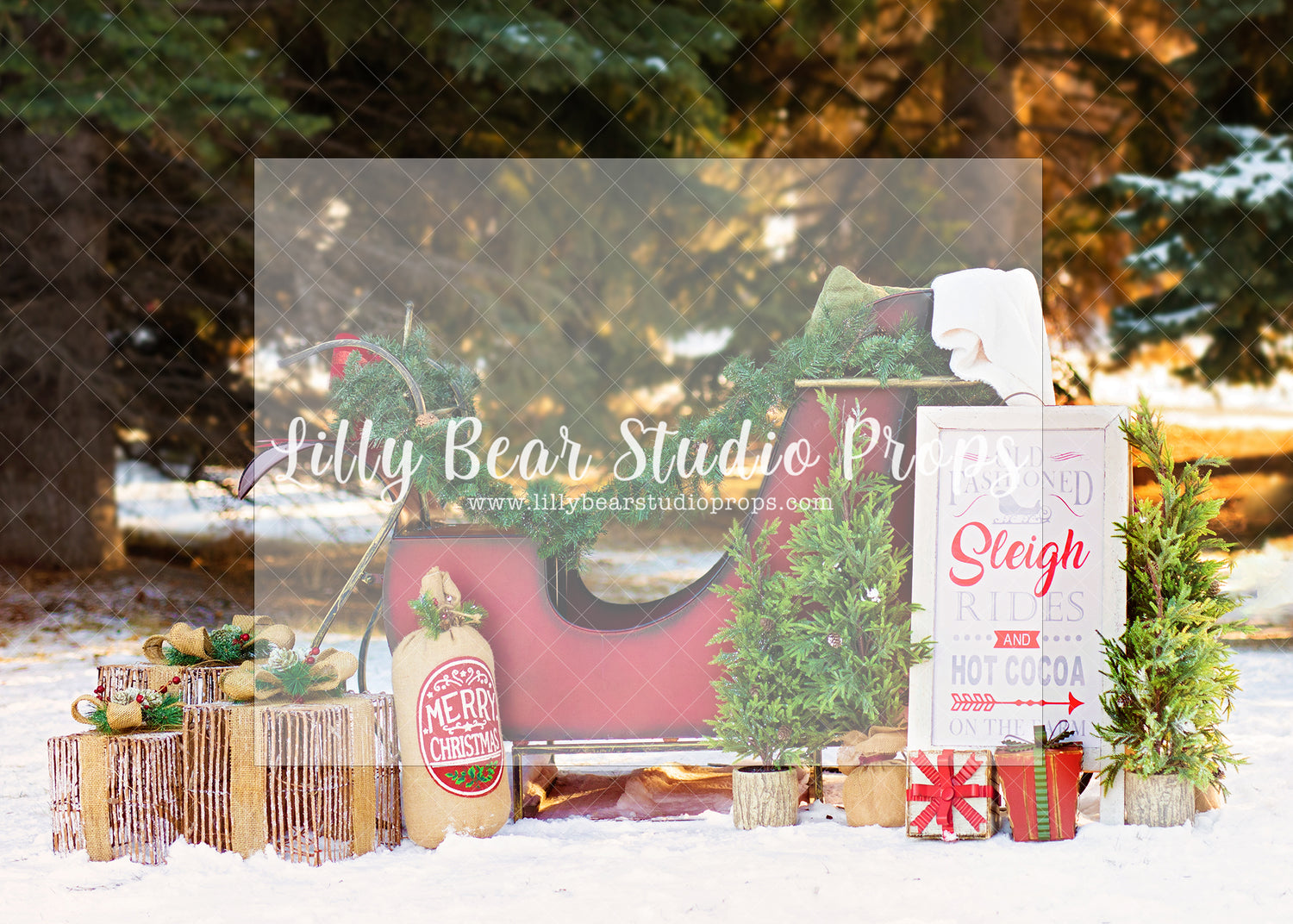 Christmas Sleigh - Lilly Bear Studio Props, christmas, christmas sleigh, Fabric, holiday, presents, santa, santa candy cane, santa cookies, santa deer, santa door, santa hat, santa house, santa magic, santa sleigh, santas toy shop, santas toys, santas village, Wrinkle Free Fabric