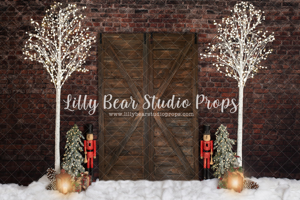Christmas Time Is Here - Lilly Bear Studio Props, barn doors, barn doors christmas, birch, birch trees, birch wood, brick christmas, christmas, christmas candy, christmas doors, Fabric, holiday, nutcracker, nutcrackers, pine trees, winter, Wrinkle Free Fabric