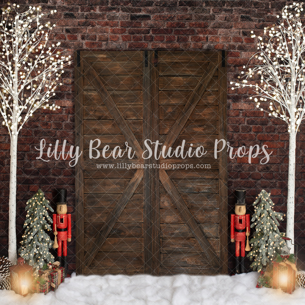 Christmas Time Is Here - Lilly Bear Studio Props, barn doors, barn doors christmas, birch, birch trees, birch wood, brick christmas, christmas, christmas candy, christmas doors, Fabric, holiday, nutcracker, nutcrackers, pine trees, winter, Wrinkle Free Fabric