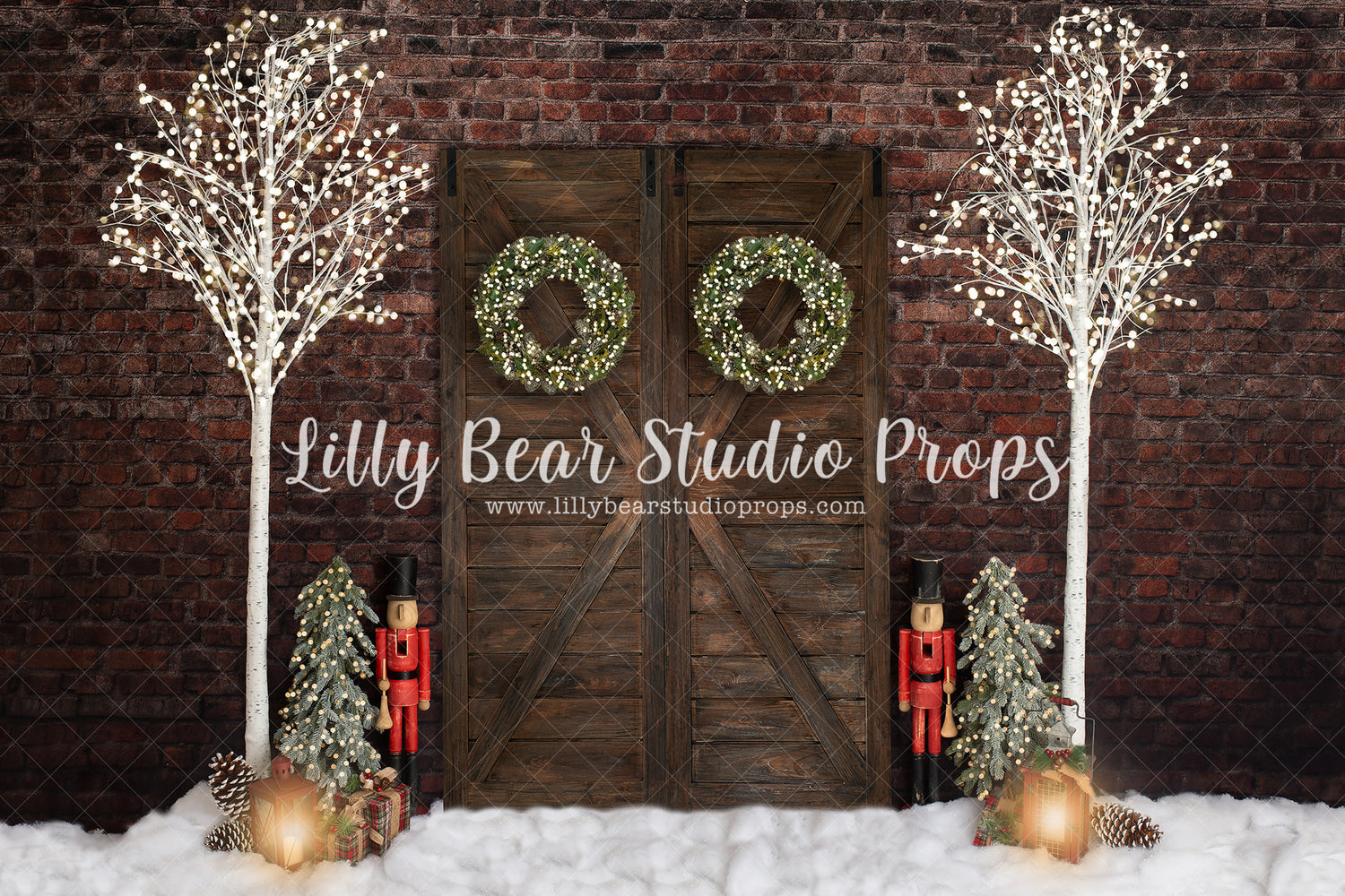 Christmas Time is Here-with Wreaths - Lilly Bear Studio Props, brick christmas, christmas, Fabric, holiday, lanters, picket fence, pine trees, white picket fence, winter, Wrinkle Free Fabric