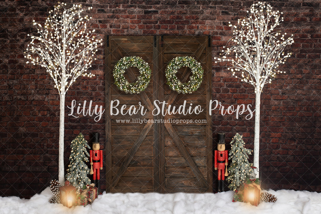Christmas Time is Here-with Wreaths - Lilly Bear Studio Props, brick christmas, christmas, Fabric, holiday, lanters, picket fence, pine trees, white picket fence, winter, Wrinkle Free Fabric