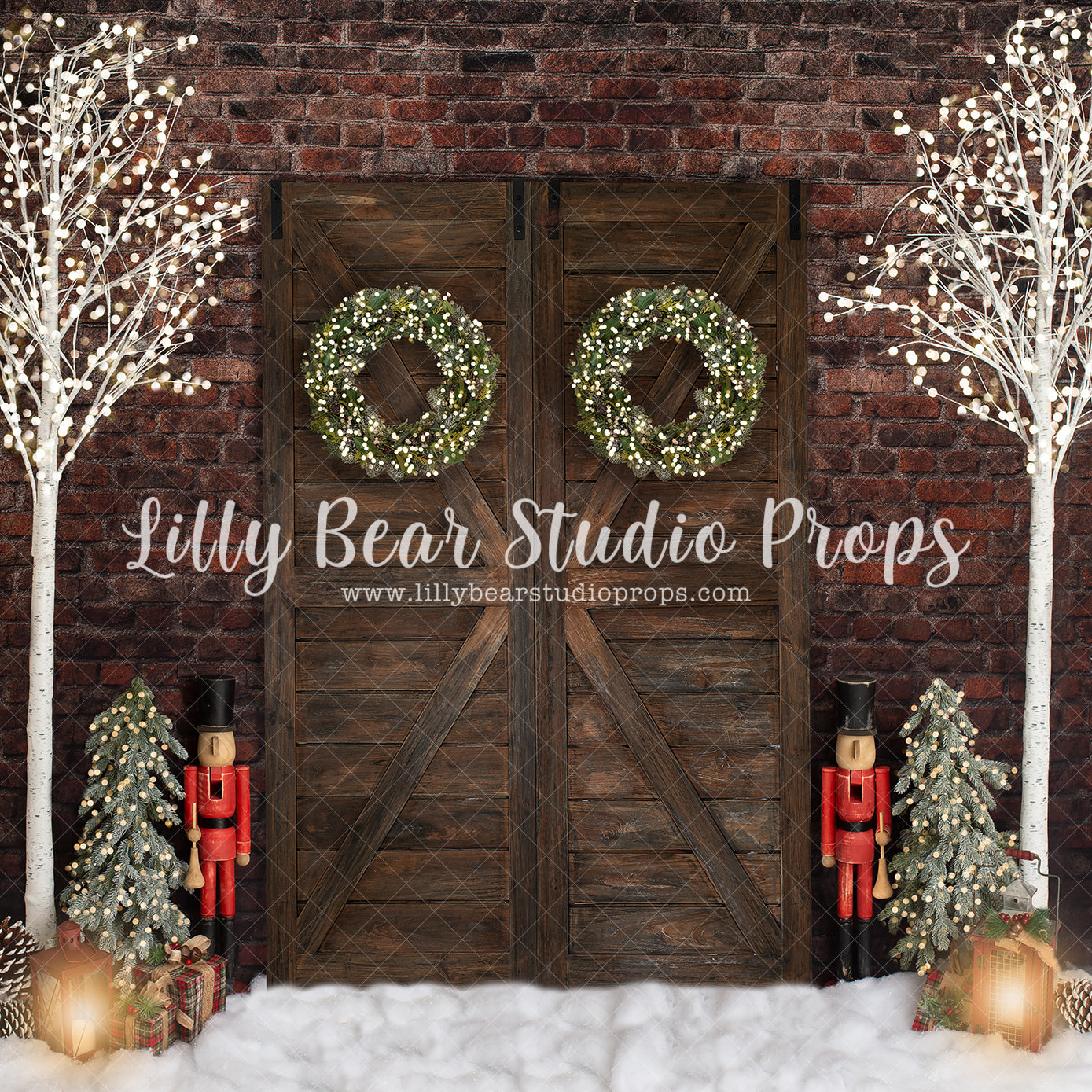 Christmas Time is Here-with Wreaths - Lilly Bear Studio Props, brick christmas, christmas, Fabric, holiday, lanters, picket fence, pine trees, white picket fence, winter, Wrinkle Free Fabric
