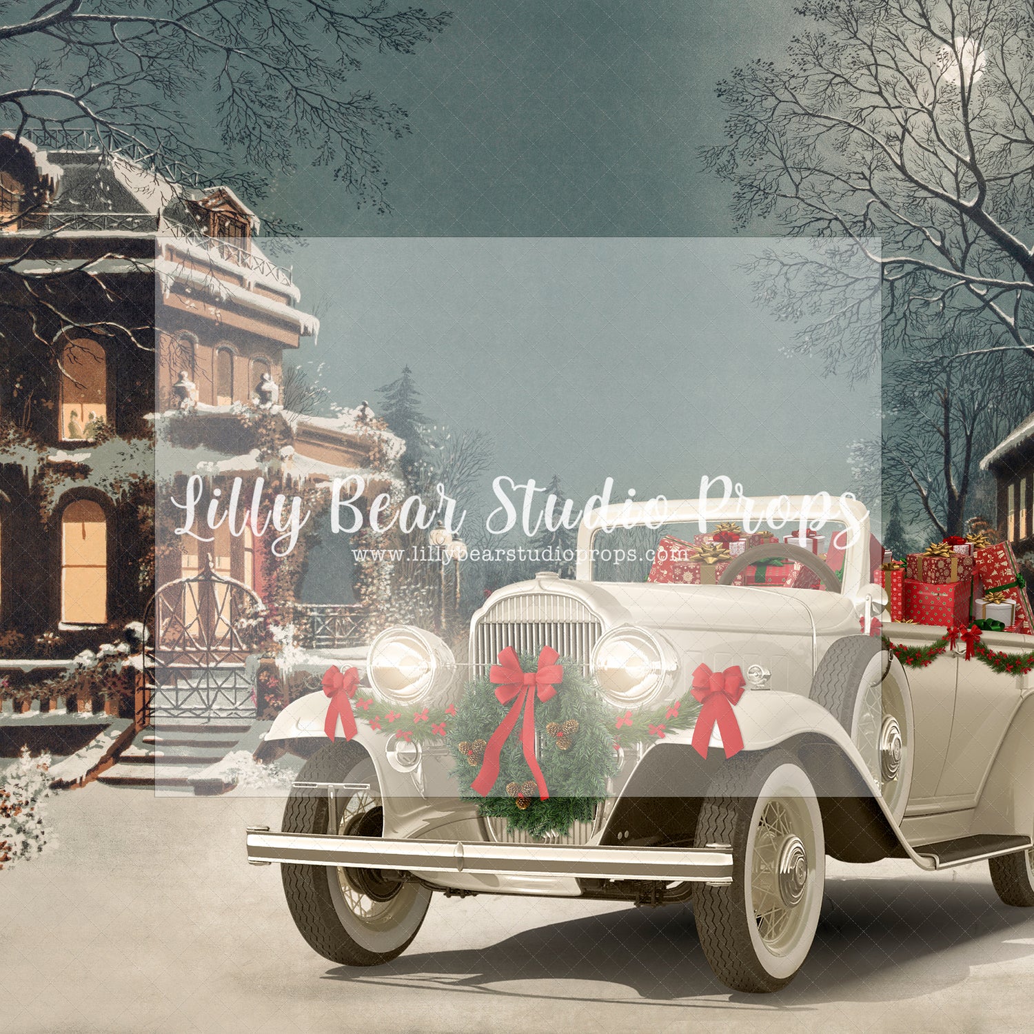 Christmas Vintage Car - Lilly Bear Studio Props, christmas, Cozy, Decorated, Festive, Giving, Holiday, Holy, Hopeful, Joyful, Merry, Peaceful, Peacful, Red & Green, Seasonal, Winter, Xmas, Yuletide