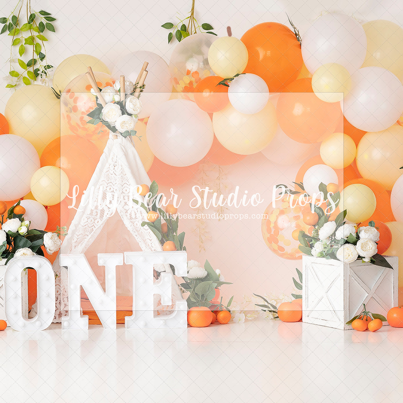 Citrus Squeeze - Lilly Bear Studio Props, blush flowers, boho spring, boho teepee, FABRICS, floral, flower garden, flower window, flowers, orange, orange balloons, orange fruit, spring, spring flowers, spring garden, spring window, teepee, teepee tent