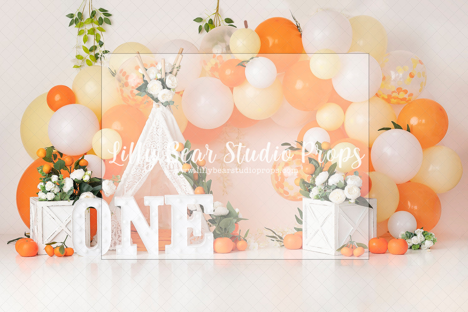 Citrus Squeeze - Lilly Bear Studio Props, blush flowers, boho spring, boho teepee, FABRICS, floral, flower garden, flower window, flowers, orange, orange balloons, orange fruit, spring, spring flowers, spring garden, spring window, teepee, teepee tent