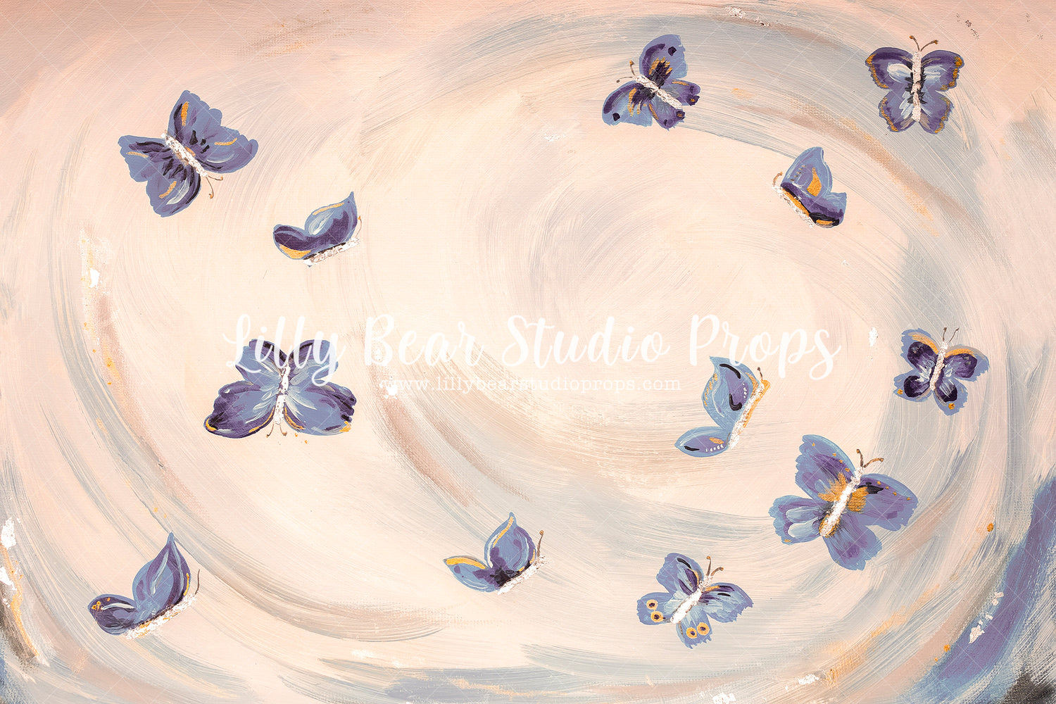 Classic Malia - Lilly Bear Studio Props, beige, blue butterflies, butterflies, cream, cream texture, Fabric, FABRICS, hand painted, painted, Wrinkle Free Fabric
