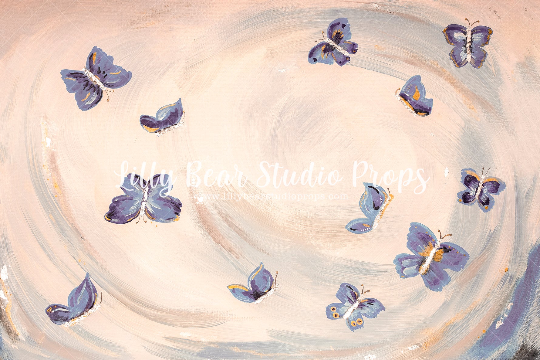 Classic Malia - Lilly Bear Studio Props, beige, blue butterflies, butterflies, cream, cream texture, Fabric, FABRICS, hand painted, painted, Wrinkle Free Fabric