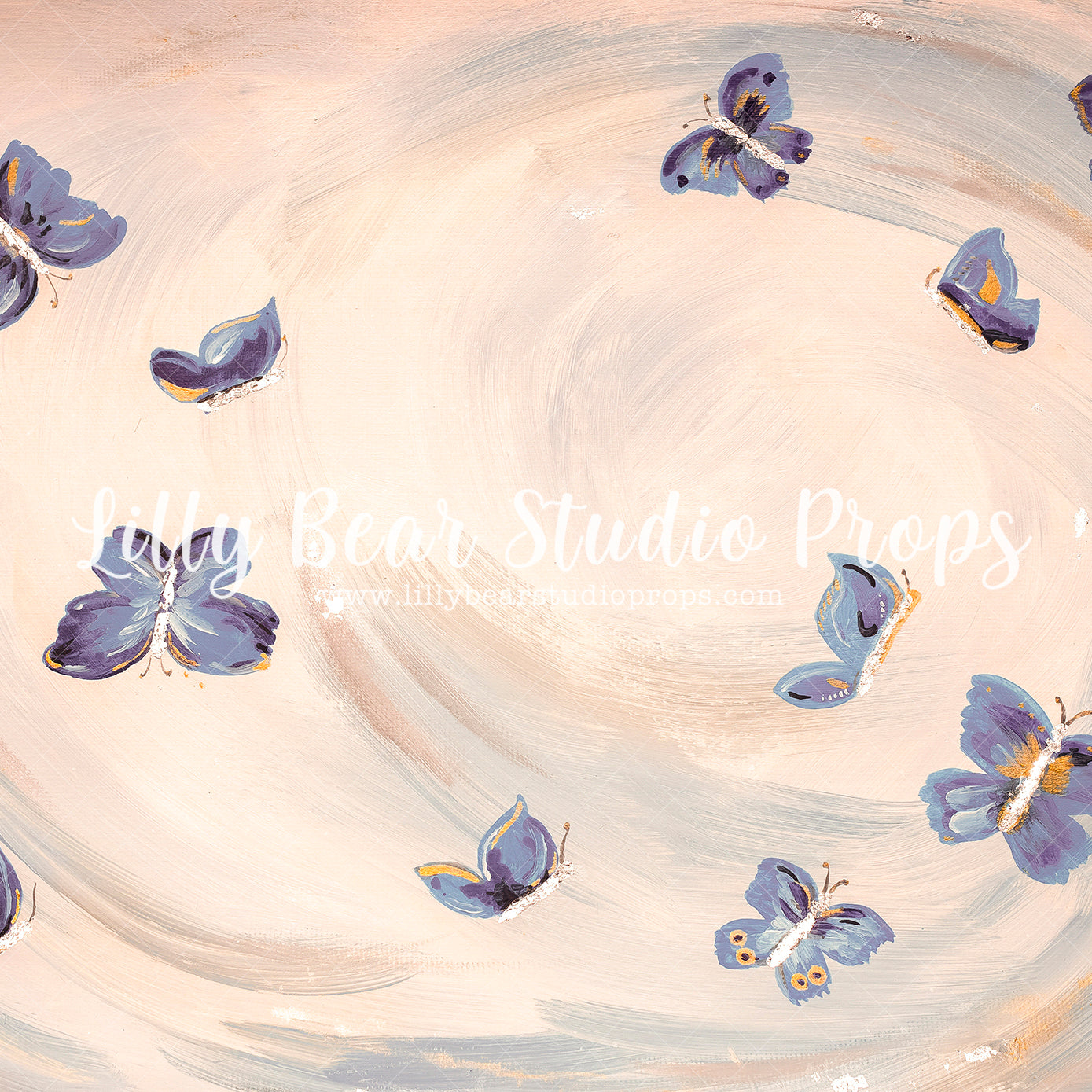 Classic Malia - Lilly Bear Studio Props, beige, blue butterflies, butterflies, cream, cream texture, Fabric, FABRICS, hand painted, painted, Wrinkle Free Fabric